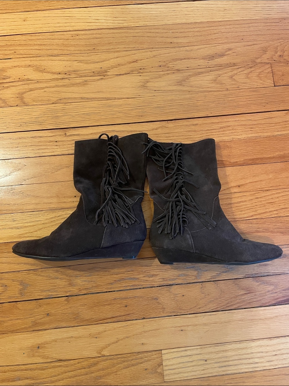 Dark chocolate brown fringe boots wedge heel